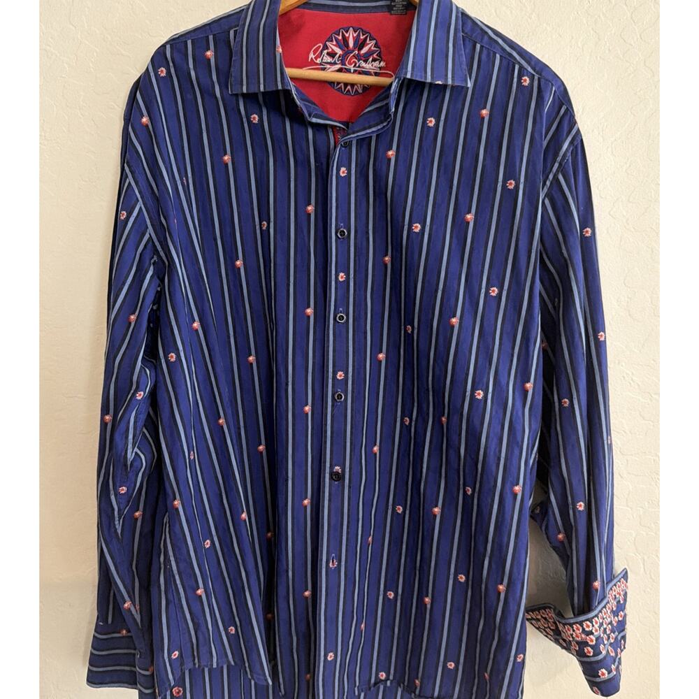 ROBERT‎ GRAHAM 2XL XXL Navy Blue Stripe Flip-Cuff Embroidered L/S Cotton Shirt
